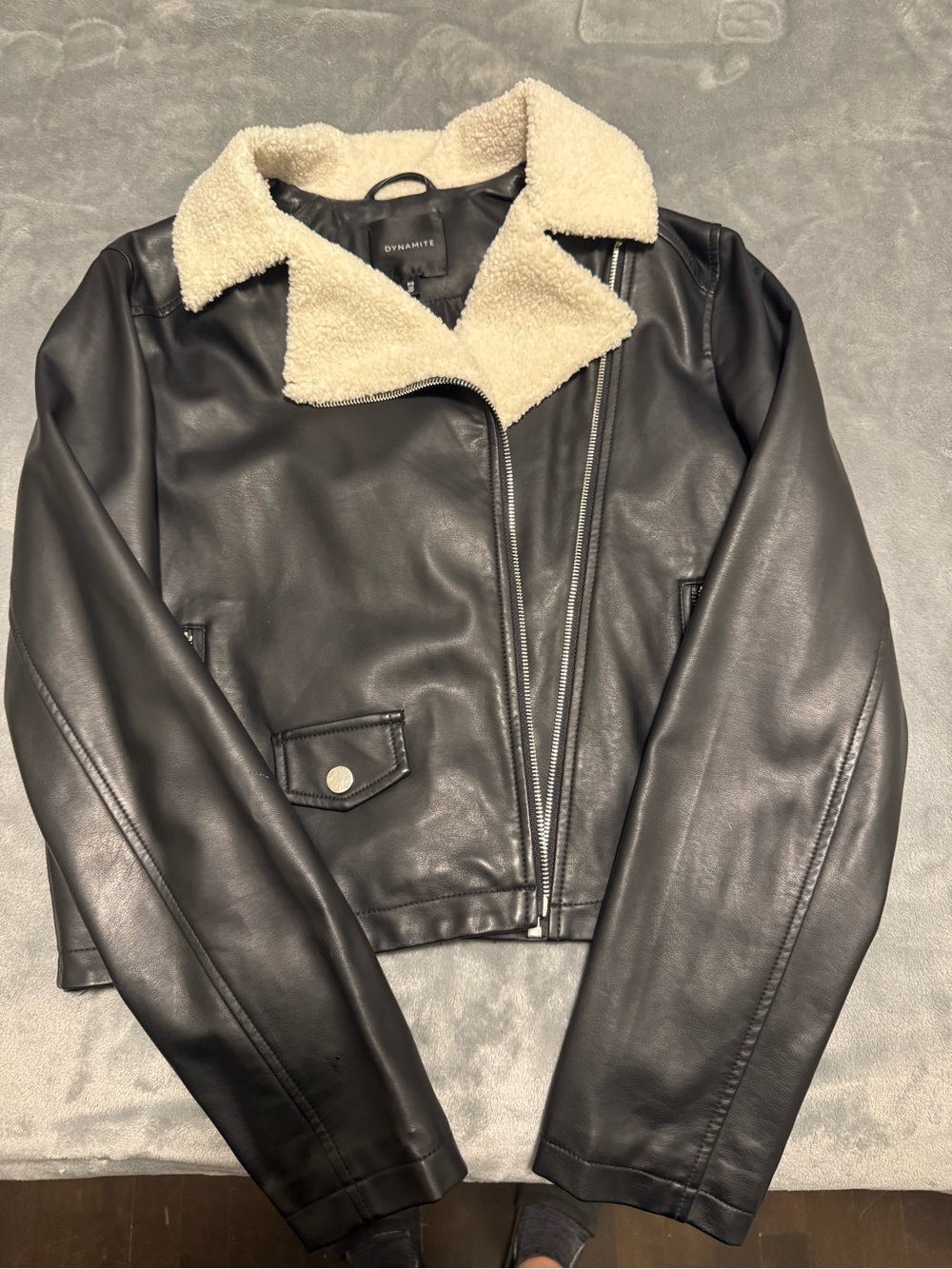 Dynamite Black Faux Leather Jacket with Cream Sherpa Collar